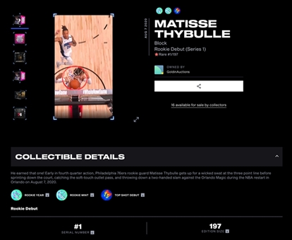 2019-20 NBA Top Shot "Rookie Debut" (Series 1) Matisse Thybulle Block (#1/197)